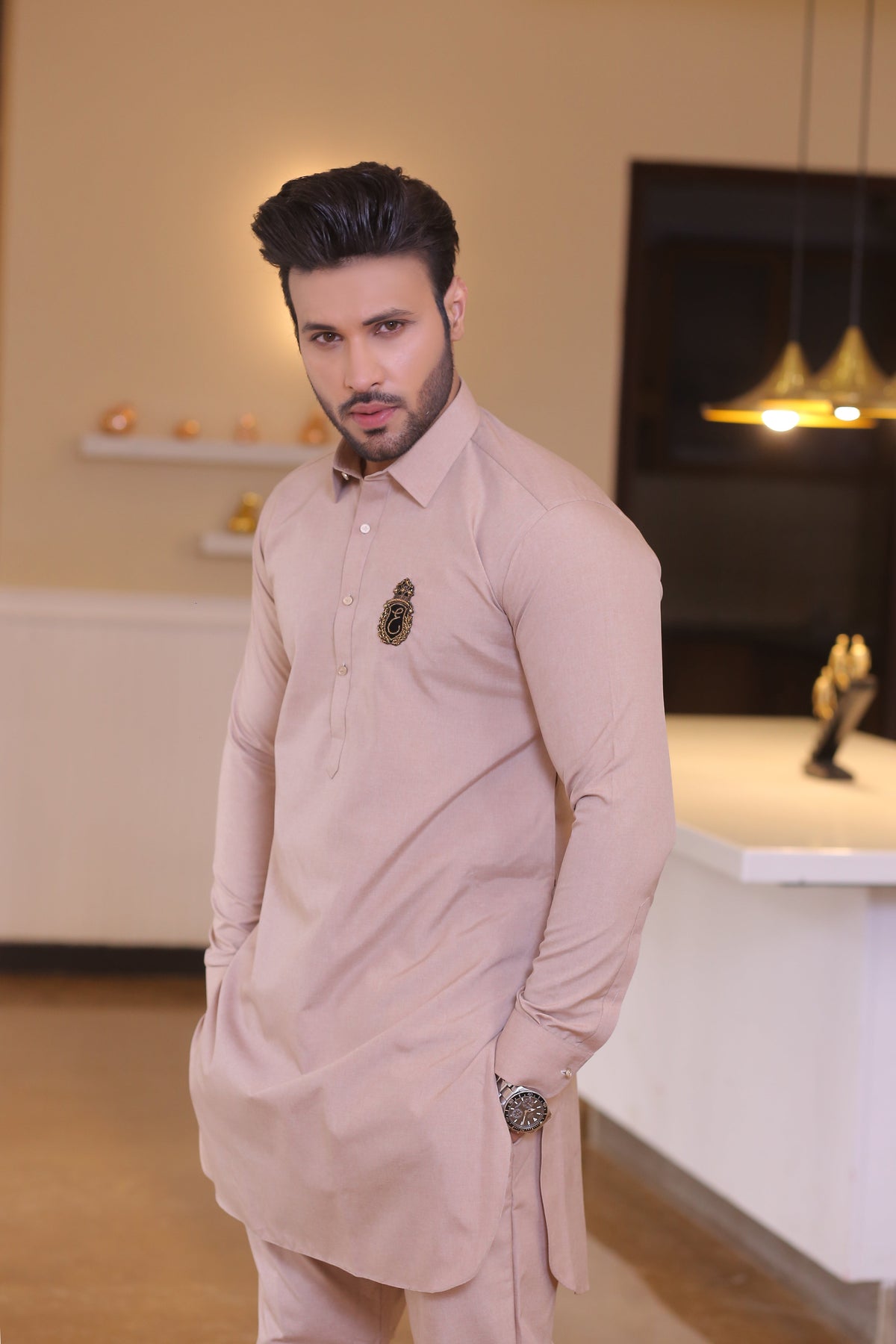 Beige Color Golden Embroidered Kurta Pajama For Men