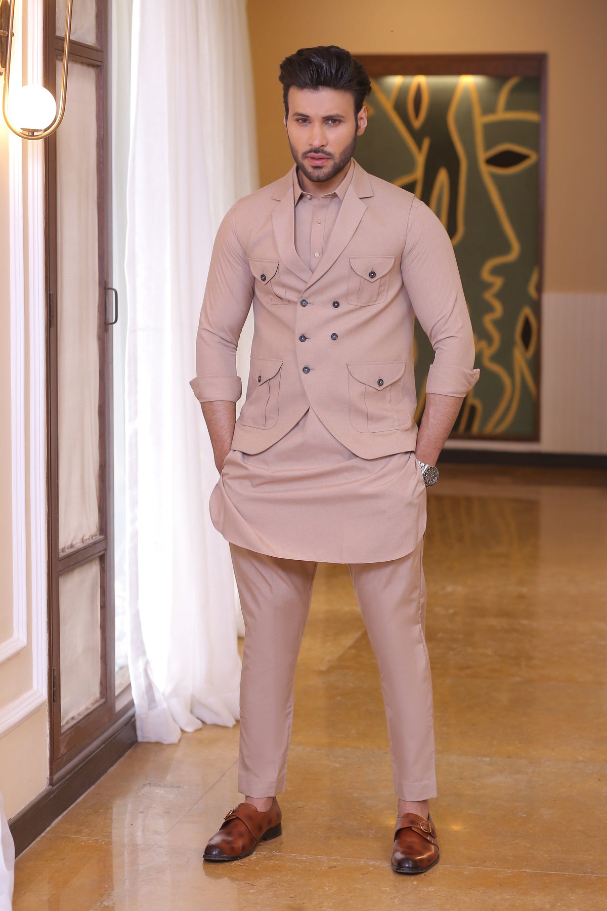 Beige Color Golden Embroidered Kurta Pajama For Men