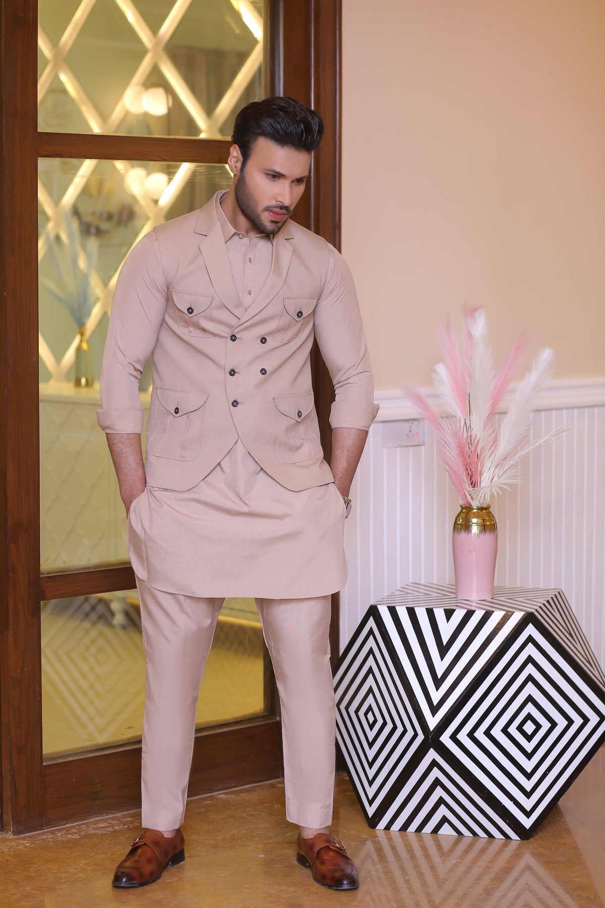Beige Color Tux Style Waist Coat For Men
