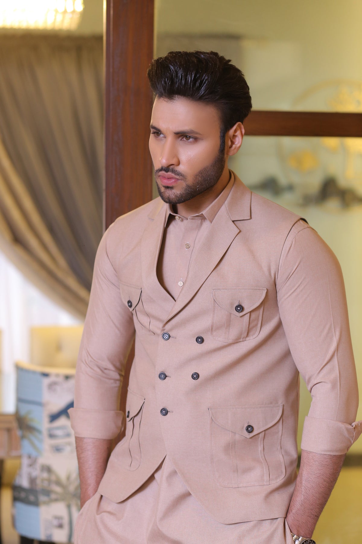 Beige Color Tux Style Waist Coat For Men