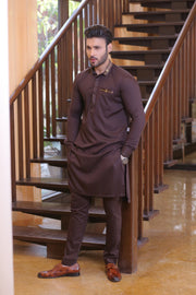 Brown Color Pocket and Neck Embroidered Kurta Pajama For Men