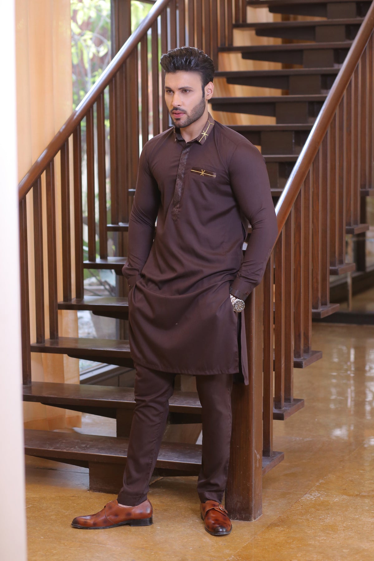 Brown Color Pocket and Neck Embroidered Kurta Pajama For Men