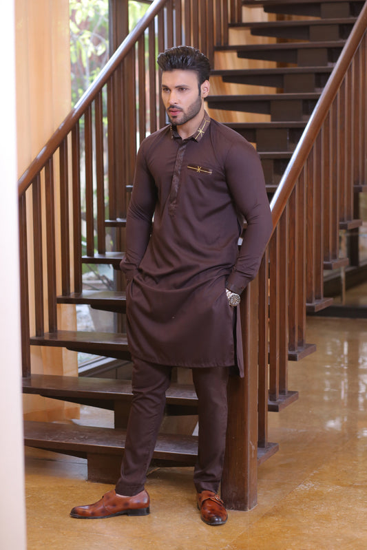 Brown Color Pocket and Neck Embroidered Kurta Pajama For Men