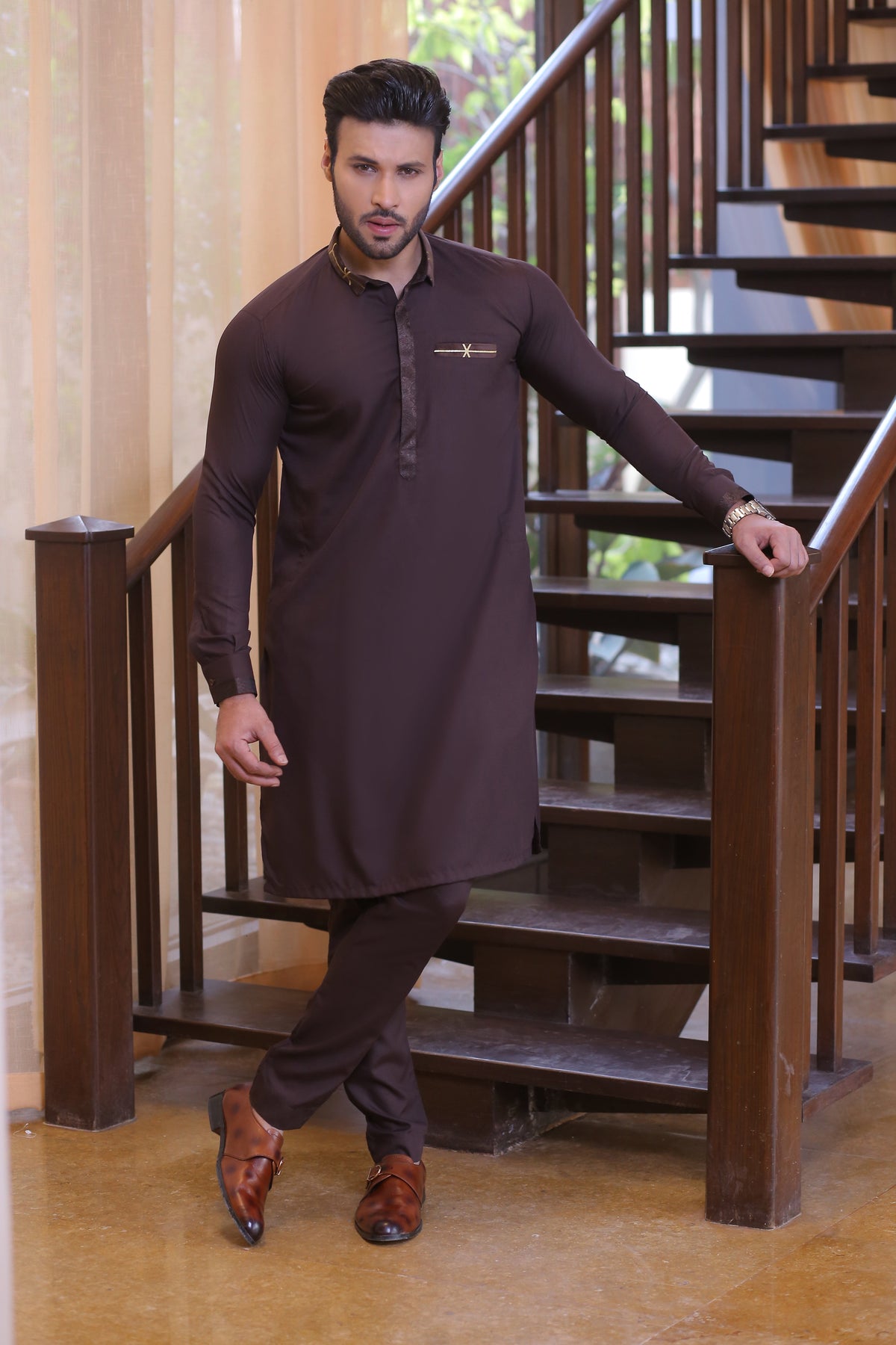 Brown Color Pocket and Neck Embroidered Kurta Pajama For Men
