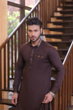 Brown Color Pocket and Neck Embroidered Kurta Pajama For Men