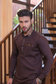Brown Color Pocket and Neck Embroidered Kurta Pajama For Men