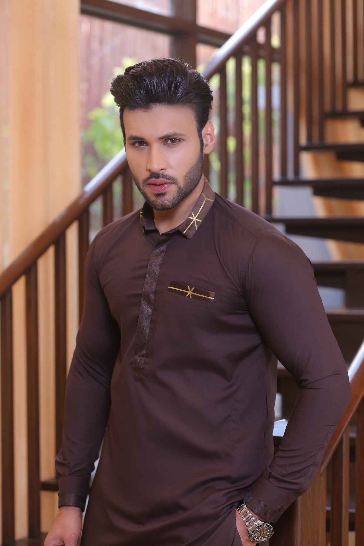 Brown Color Pocket and Neck Embroidered Kurta Pajama For Men