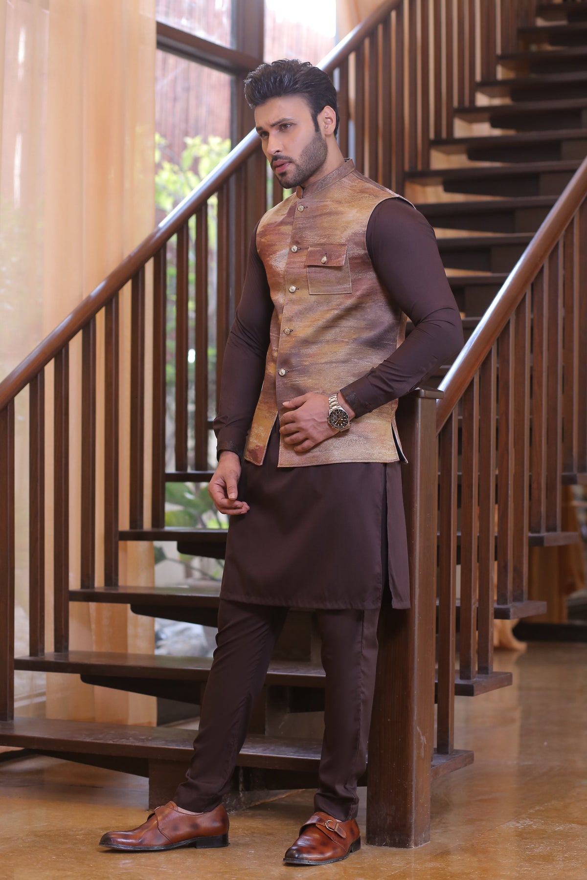 Brown And Golden Color Leather Waist Coat For Men