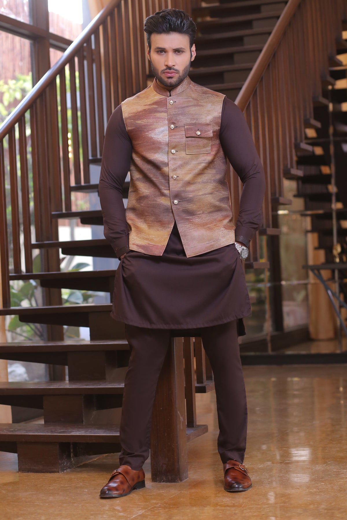 Brown And Golden Color Leather Waist Coat For Men