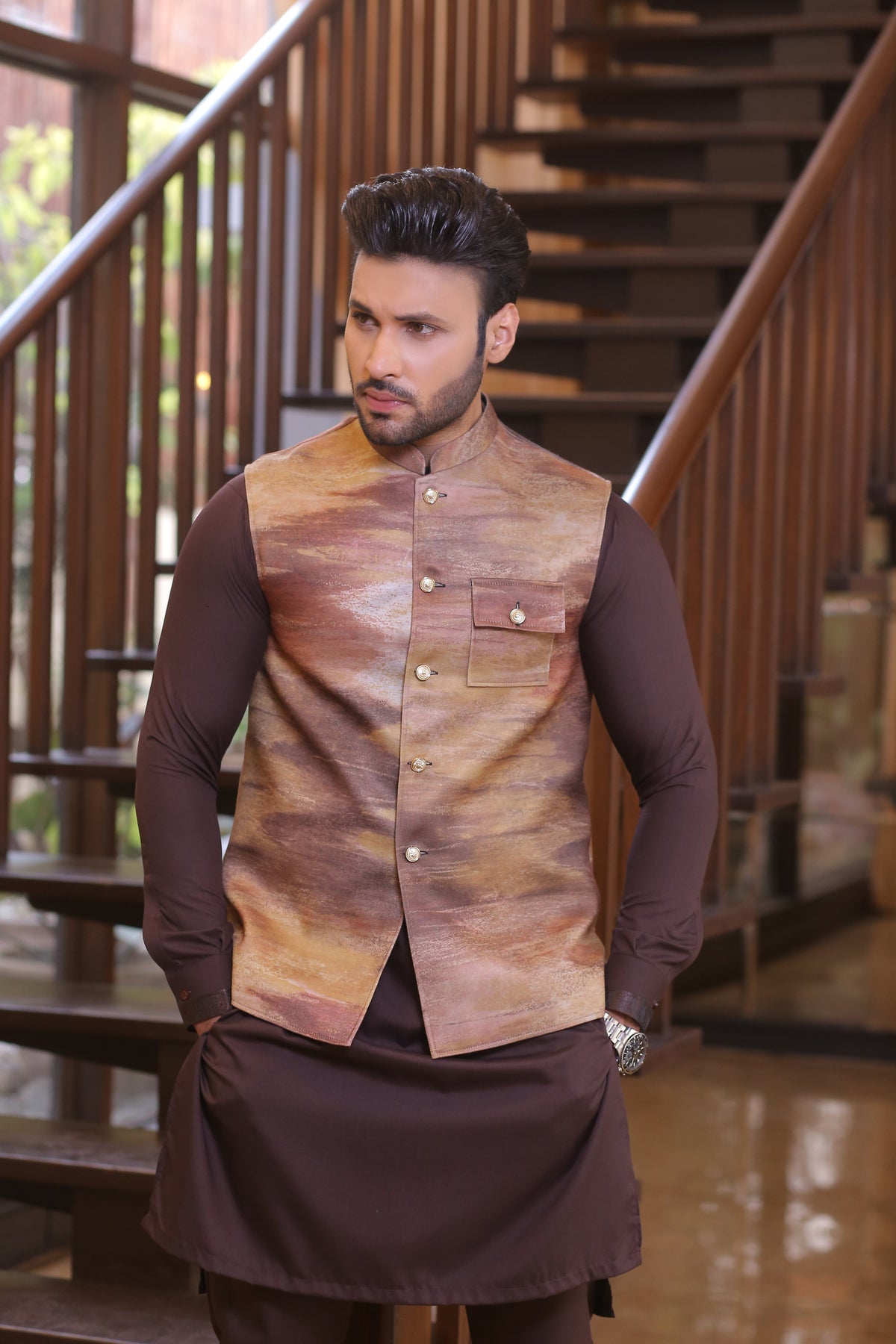 Brown And Golden Color Leather Waist Coat For Men