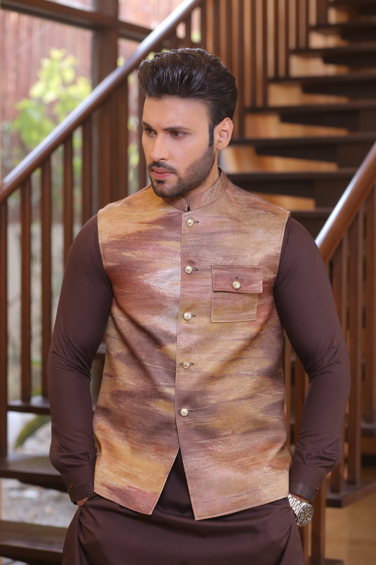 Brown And Golden Color Leather Waist Coat For Men