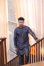 Blue Color Pockets Style Jeans Kurta Pajama For Men