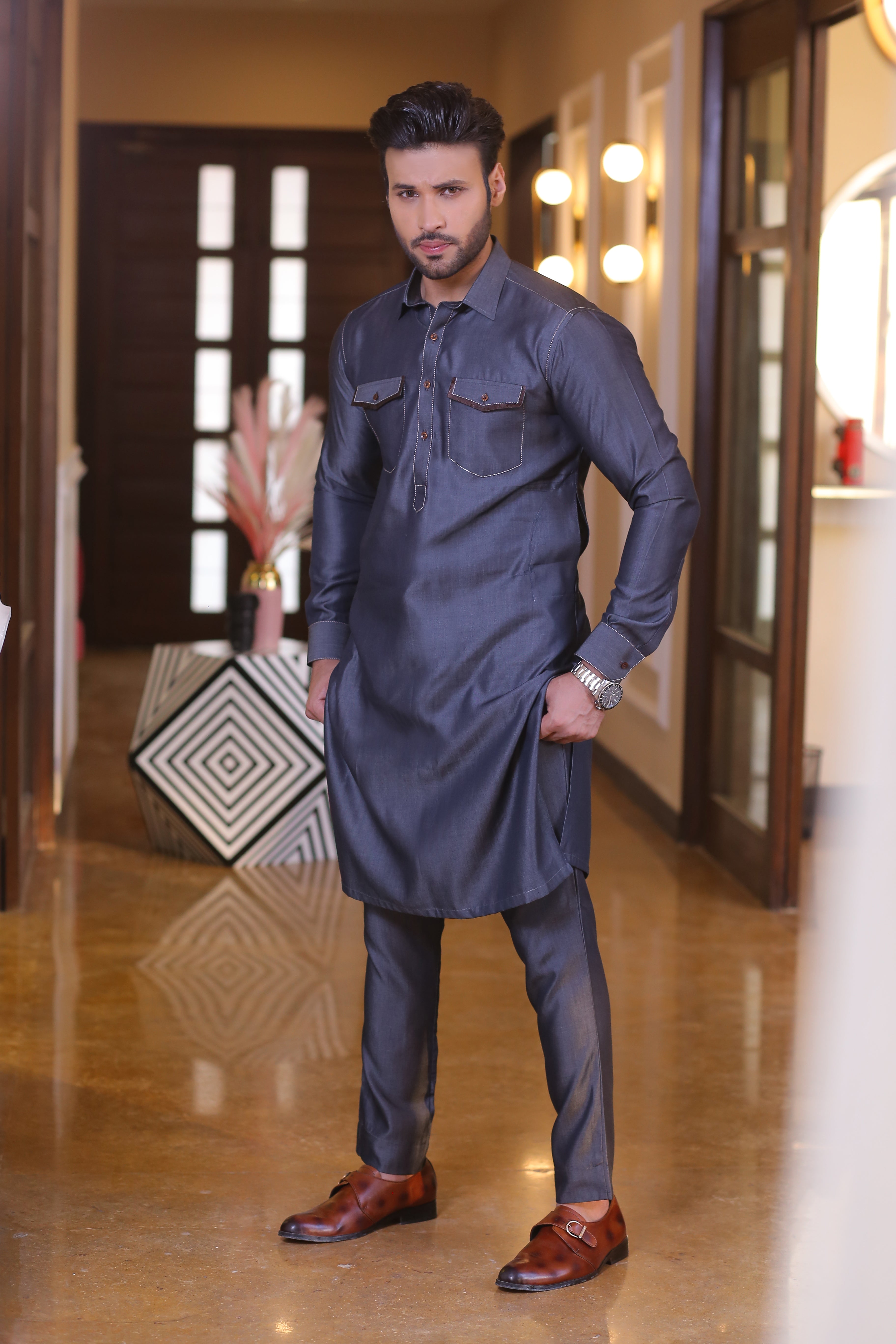 Blue Color Pockets Style Jeans Kurta Pajama For Men ColourCloset Blue Color Pockets Style Jeans Kurta Pajama For Men ColourCloset