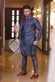 Blue Color Pockets Style Jeans Kurta Pajama For Men