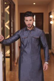 Blue Color Pockets Style Jeans Kurta Pajama For Men