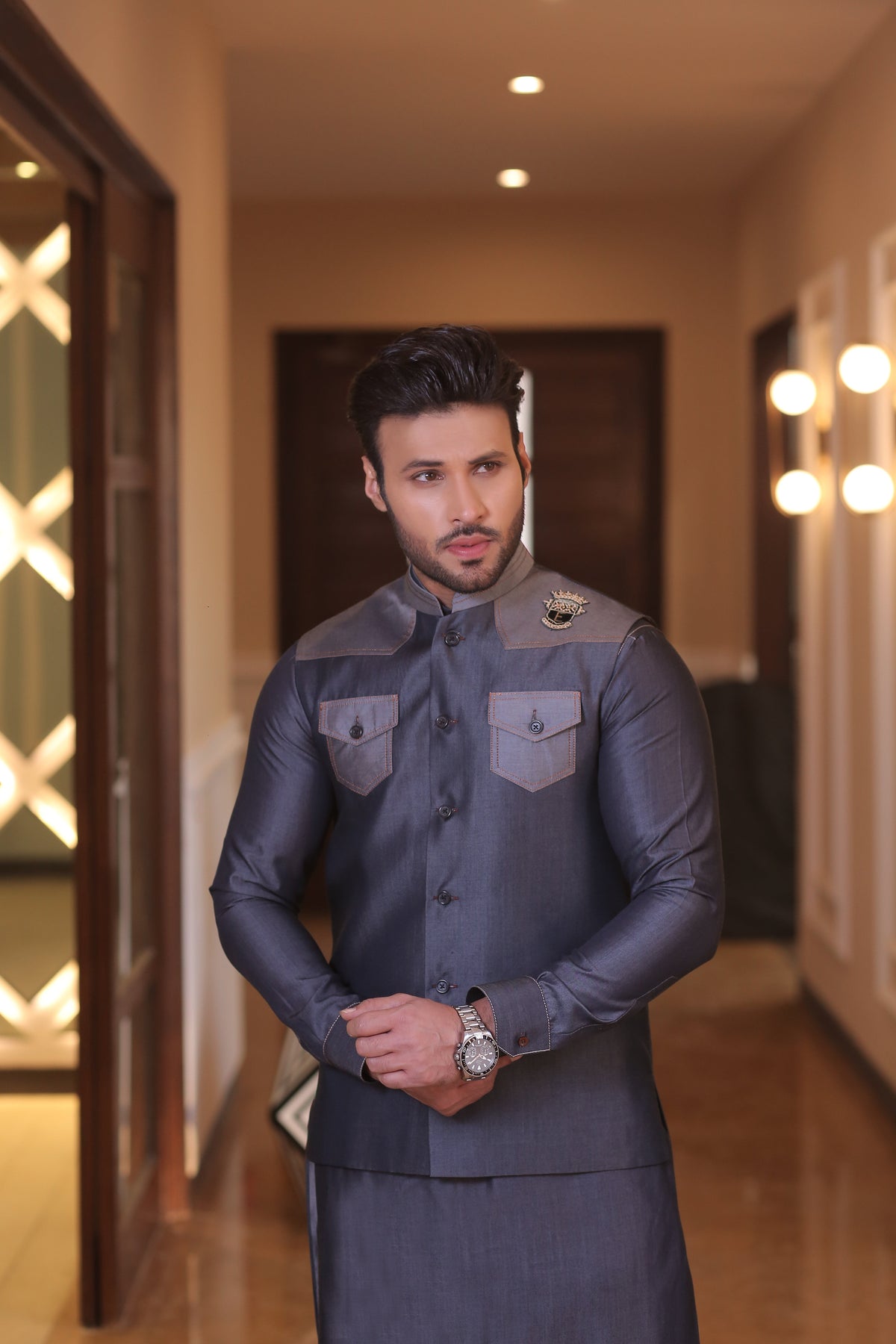 Navy Blue Color Blue Jeans Embroidered Waist Coat For Men