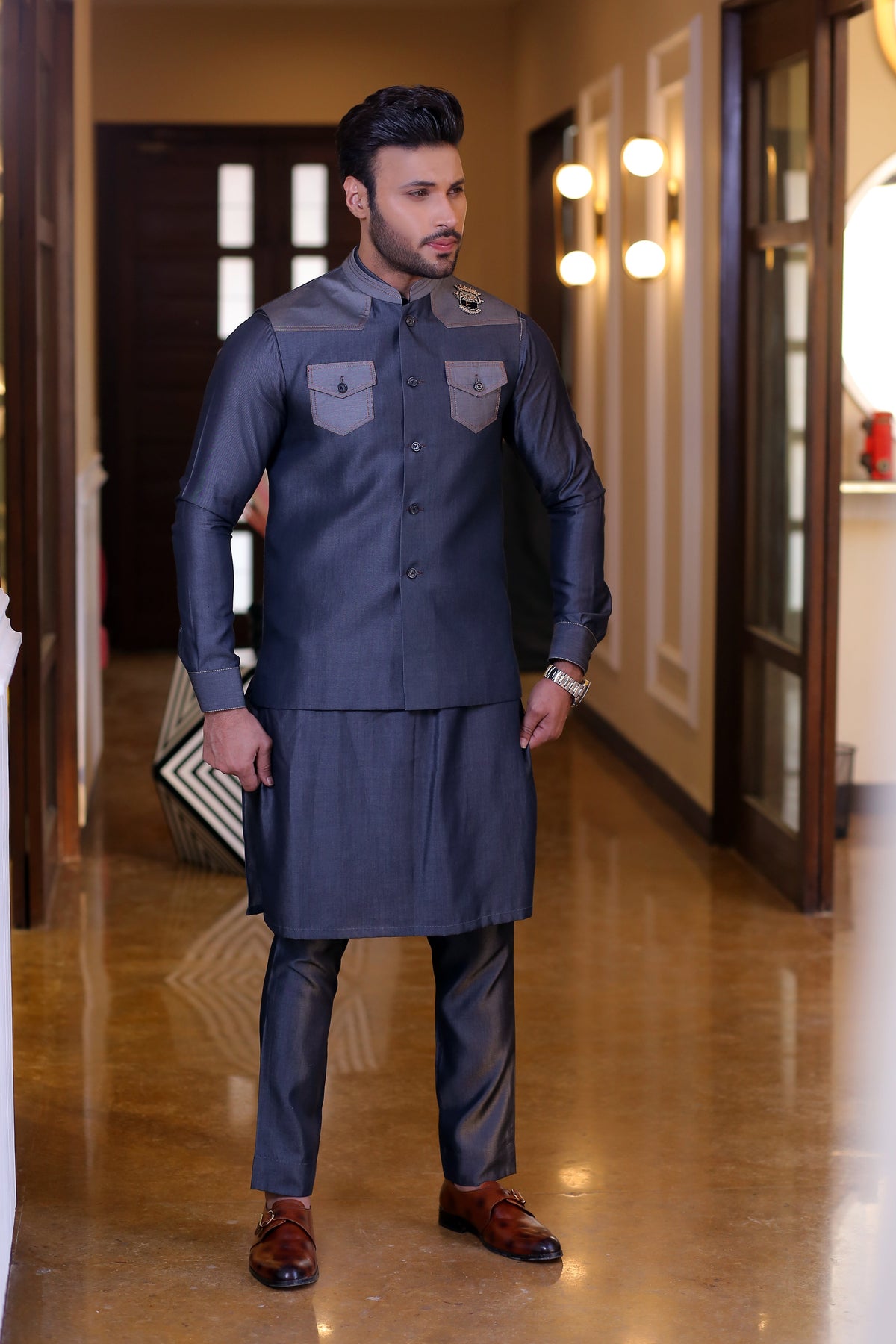 Navy Blue Color Blue Jeans Embroidered Waist Coat For Men