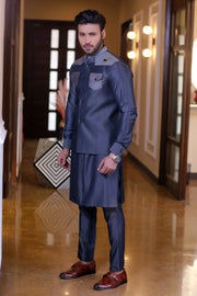 Navy Blue Color Blue Jeans Embroidered Waist Coat For Men