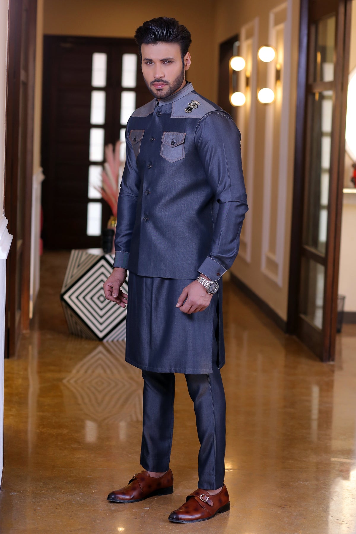 Navy Blue Color Blue Jeans Embroidered Waist Coat For Men