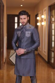 Navy Blue Color Blue Jeans Embroidered Waist Coat For Men