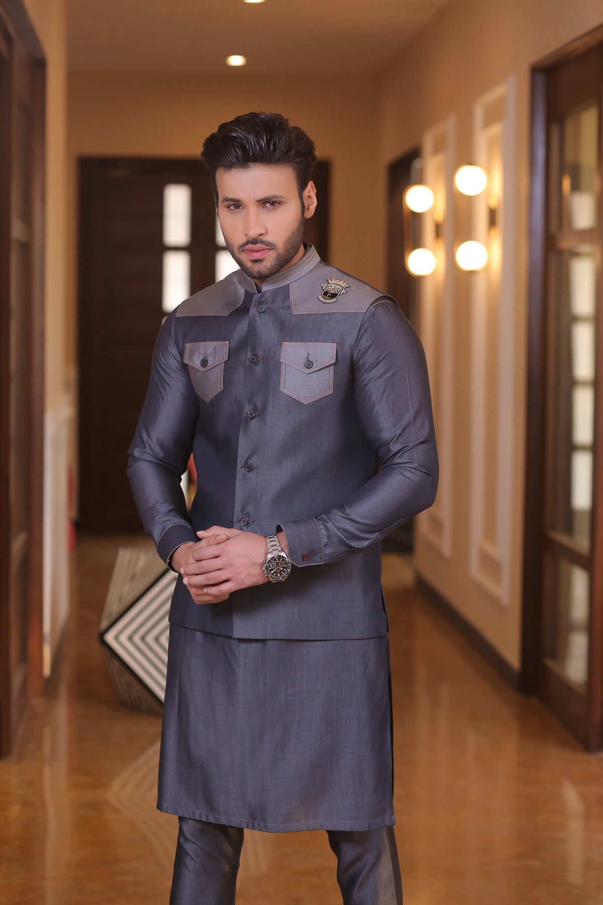 Navy Blue Color Blue Jeans Embroidered Waist Coat For Men