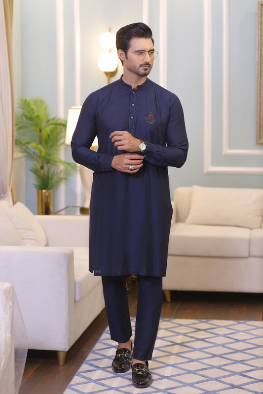 Mid Night Blue Color Red and Green Logo Embroidered Kurta Pajama For Men