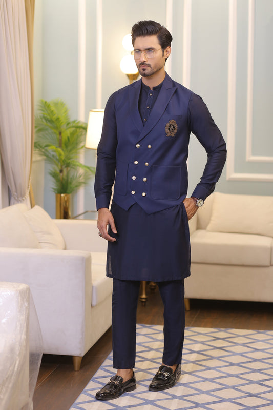 Blue Color Golden Embroidered Tux Waist Coat For Men