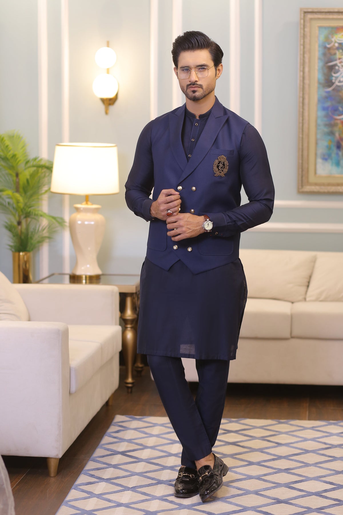 Blue Color Golden Embroidered Tux Waist Coat For Men