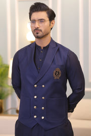 Blue Color Golden Embroidered Tux Waist Coat For Men