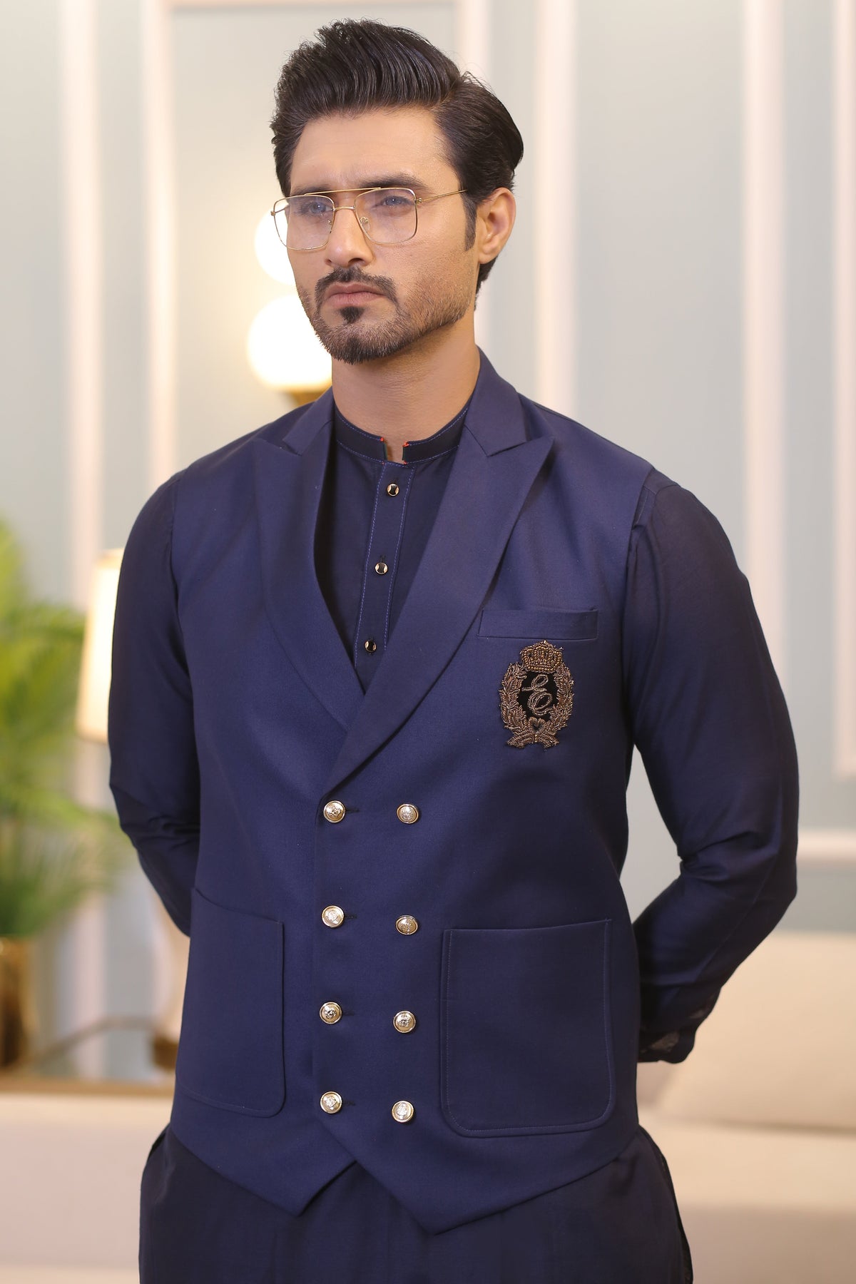 Blue Color Golden Embroidered Tux Waist Coat For Men