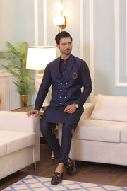 Blue Color Golden Embroidered Tux Waist Coat For Men