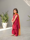 Gul-e-Afsha Red Salwar Kameez with Handworked Neckline and Sequin Net Dupatta For Girls