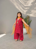 Gul-e-Afsha Red Salwar Kameez with Handworked Neckline and Sequin Net Dupatta For Girls