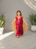 Gul-e-Afsha Red Salwar Kameez with Handworked Neckline and Sequin Net Dupatta For Girls