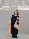 Neelam-e-Sitara Navy Blue Velvet Frock with Sharara & Banarsi Jacquard Dupatta For Girls