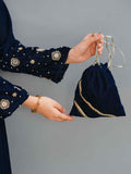 Neelam-e-Sitara Navy Blue Velvet Frock with Sharara & Banarsi Jacquard Dupatta For Girls