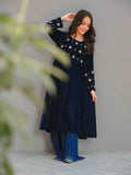 Neelam-e-Sitara Navy Blue Velvet Frock with Sharara & Banarsi Jacquard Dupatta For Girls