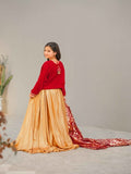 Red Velvet Kurti with Shimmer Silk Lehenga and Banarsi Jacquard Dupatta For Girls