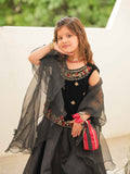 Black Velvet Erha Lehnga Choli with Antique Handwork and Ruffle Dupatta For Girls