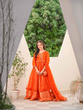 Kesar-e-Jahan Orange Andrakha Frock with Jamawar Lehenga and Embellished Dupatta For Girls