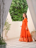 Kesar-e-Jahan Orange Andrakha Frock with Jamawar Lehenga and Embellished Dupatta For Girls