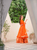 Kesar-e-Jahan Orange Andrakha Frock with Jamawar Lehenga and Embellished Dupatta For Girls