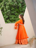 Kesar-e-Jahan Orange Andrakha Frock with Jamawar Lehenga and Embellished Dupatta For Girls