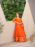 Kesar-e-Jahan Orange Andrakha Frock with Jamawar Lehenga and Embellished Dupatta For Girls