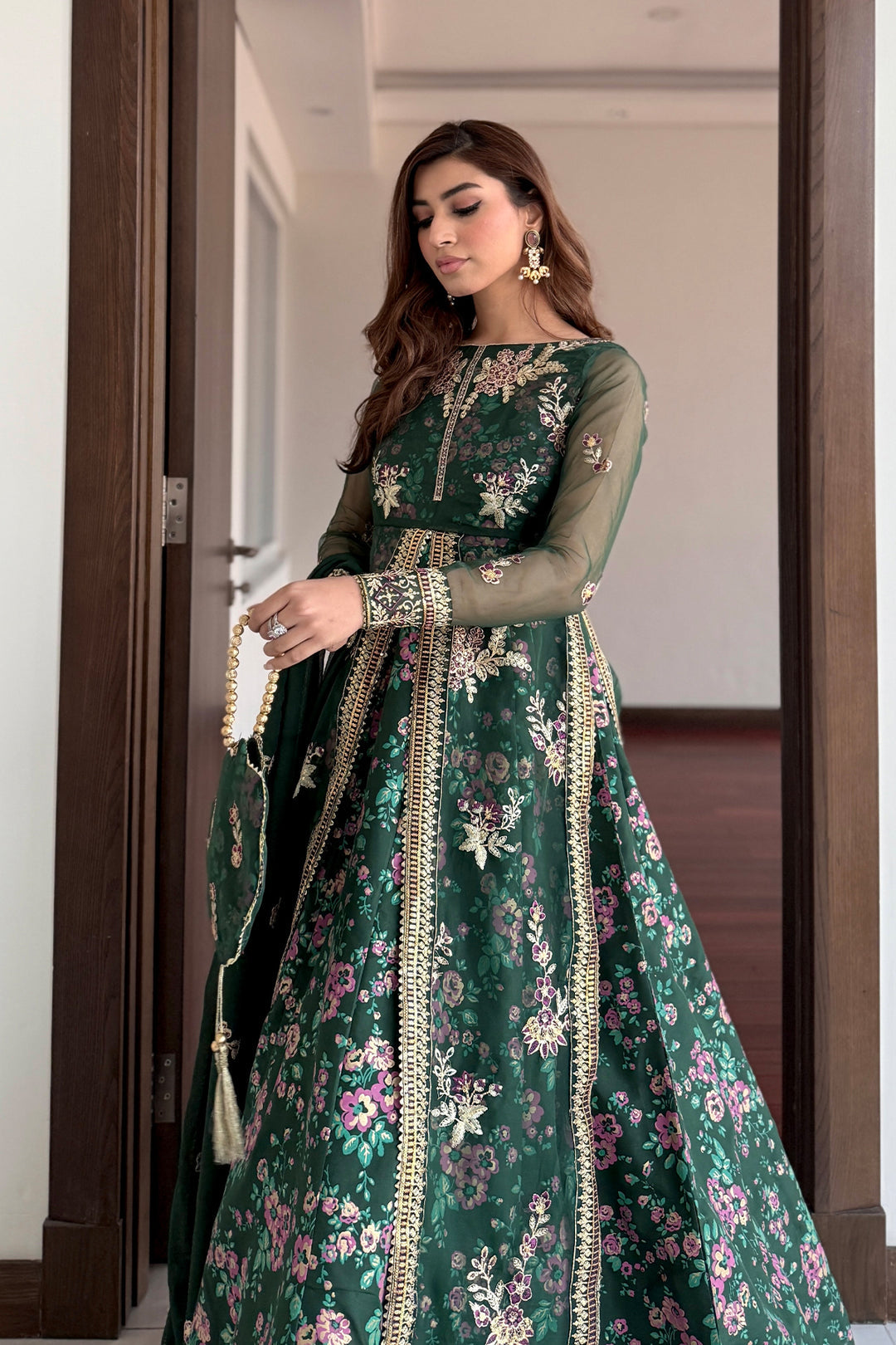 Gul Aimen Forest Green Luxury Silk Maxi with Gown & Dupatta For Women