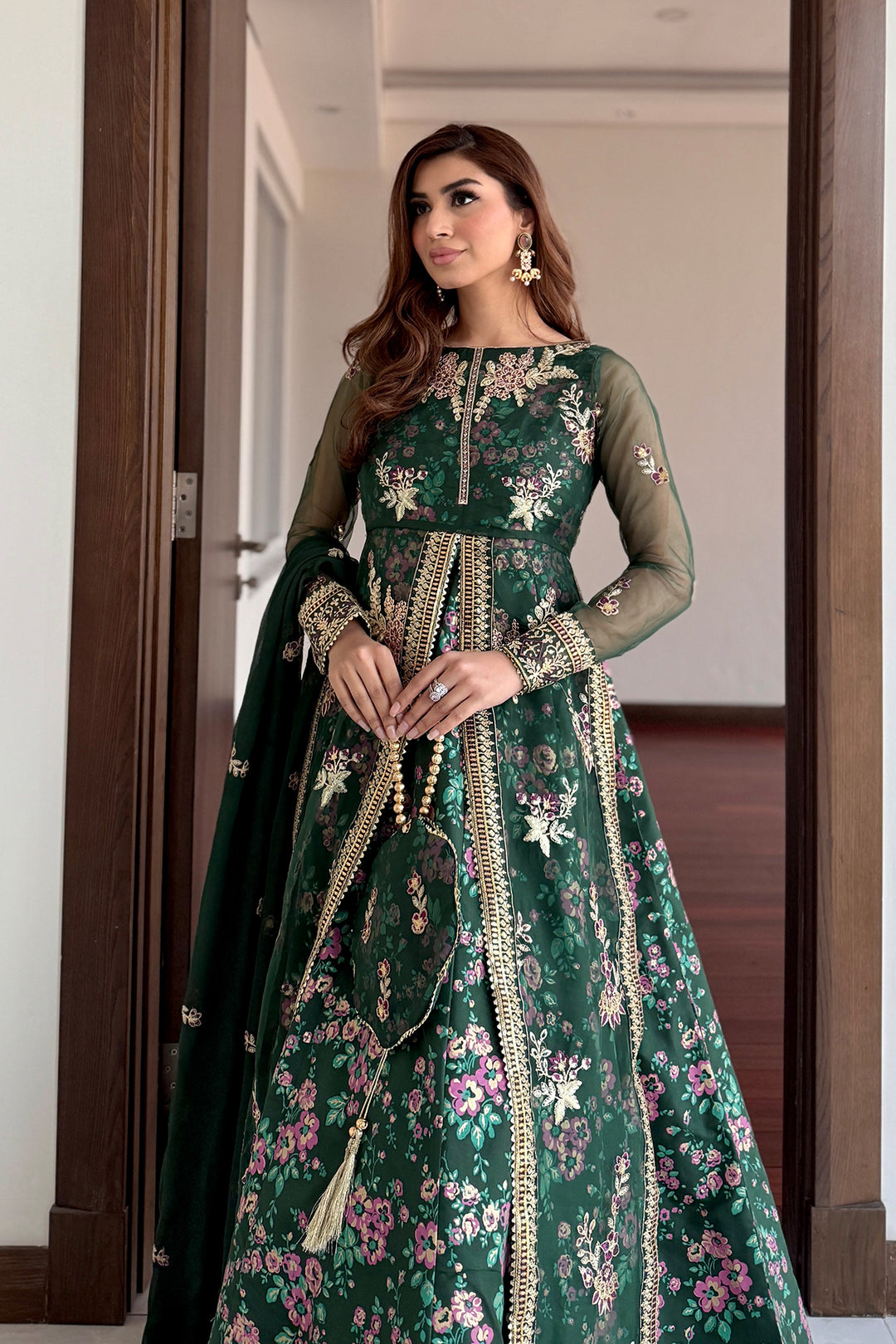 Gul Aimen Forest Green Luxury Silk Maxi with Gown & Dupatta For Women
