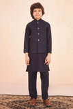 Stylish Deep Blue Blended Suiting Waistcoat Ensemble For Boys