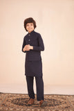 Stylish Deep Blue Blended Suiting Waistcoat Ensemble For Boys