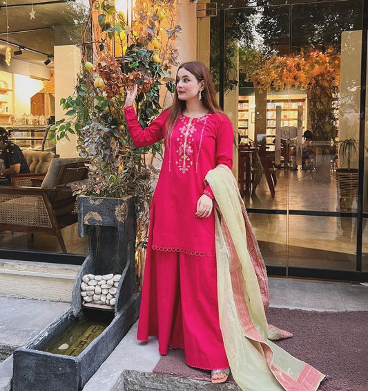 Shocking Pink & Pista Cotton Lawn Kurta with Long Sharara For Women