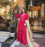 Shocking Pink & Pista Cotton Lawn Kurta with Long Sharara For Women